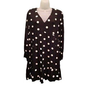 Zara Black White Pom Pom Polka Dot V Neck Babydoll Dress Sz XL Whimsygoth